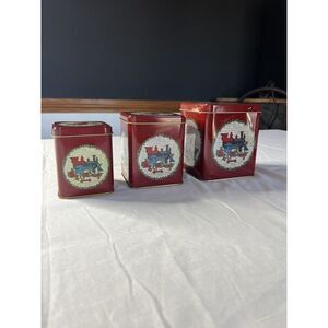 Set of 3 Vintage Christmas tin boxes Toys Train Horse Design Holiday 1988‎
